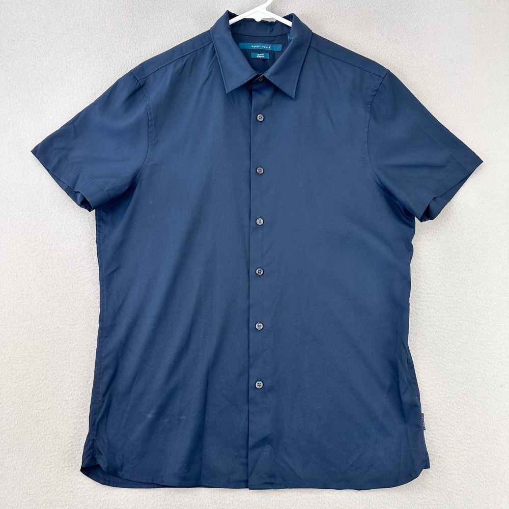 Perry Ellis Performance Button Up‎ Shirt Mens M Blue Short Sleeve Stretch
